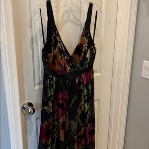 EUC - Sue Wong Black Floral V-Neck Midi Dress with Multicolor Blooms - size 12